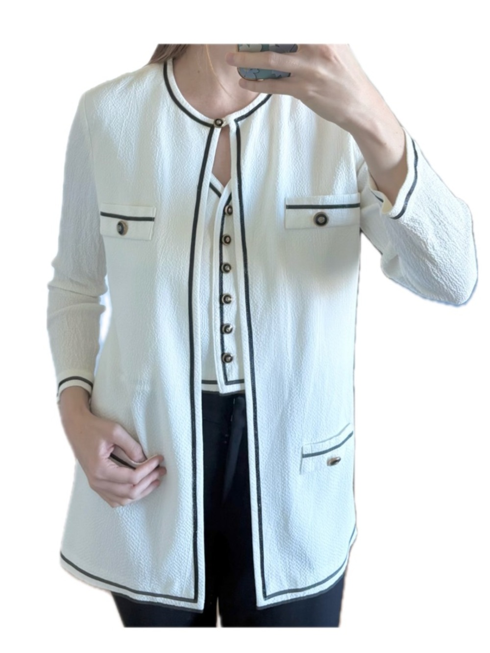 Vintage Maren White Black Trim Longline Jacket Gold Buttons Size 12